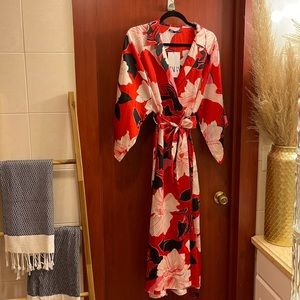 ZARA FLORAL PRINT DRESS / KIMONO STYLE | MULTICOLORED (RED/PINK) | SIZE L